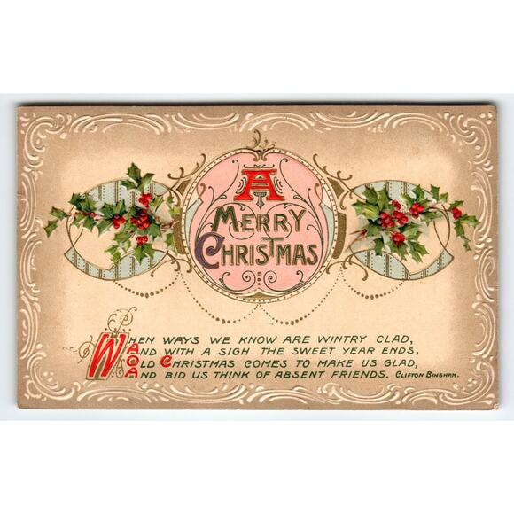 Vintage Embossed A Merry Christmas Postcard with Holly Berries 1912 - Picture 1 of 2